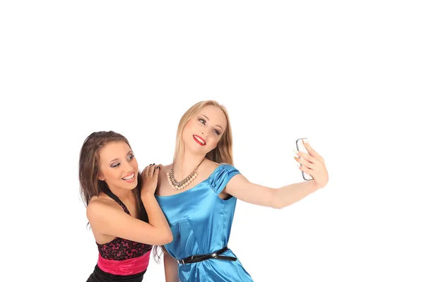 Portrait of two beautiful girls making selfies — Stock Photo, Image