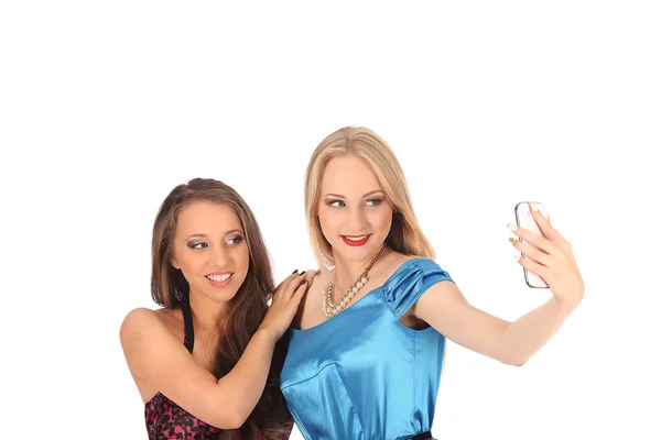 Portrait of two beautiful girls making selfies — Stock Photo, Image