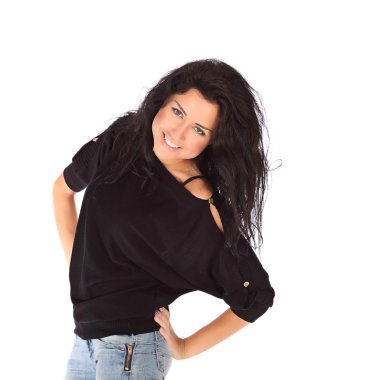 siyah ceket ve beyaz zemin üzerine jeance çekici genç kadın