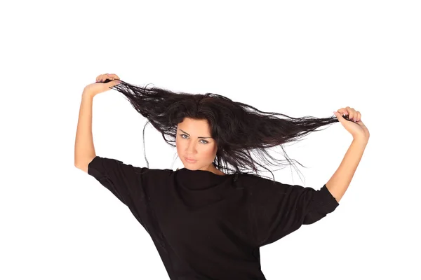 Glamorous young woman in black jacket and jeance on white background — Stock Photo, Image