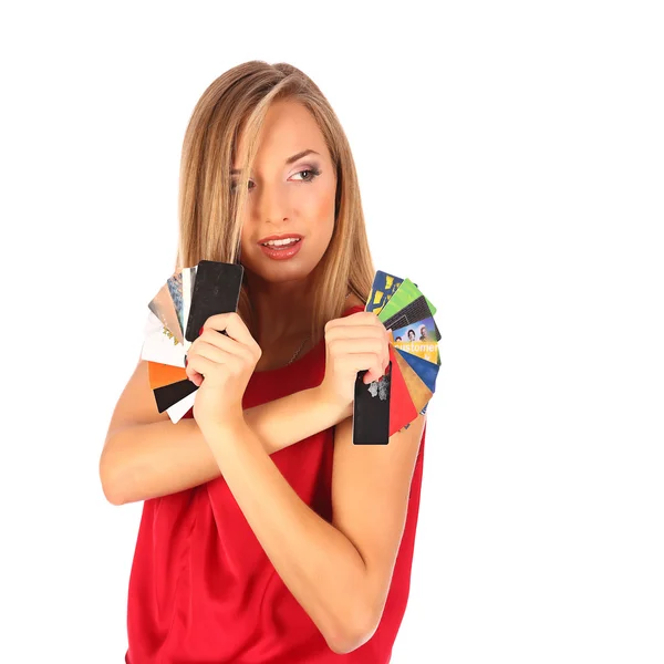 Attractive blonde with credit card in hand — Stock Photo, Image