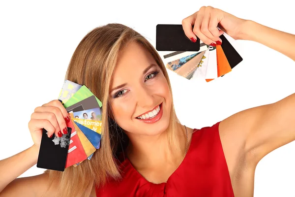 Aantrekkelijke blonde met creditcard in de hand — Stockfoto