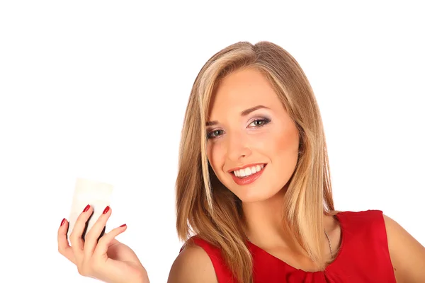 Attractive blonde with credit card in hand — Stock Photo, Image