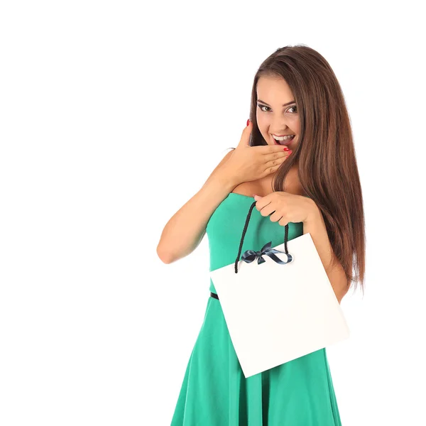 Junge hübsche Frau mit bunten Einkaufstüten — Stockfoto