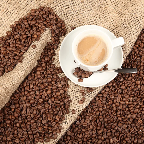 Taza de café y frijoles sobre un fondo blanco. — Foto de Stock