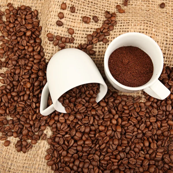 Taza de café y frijoles sobre un fondo blanco. — Foto de Stock