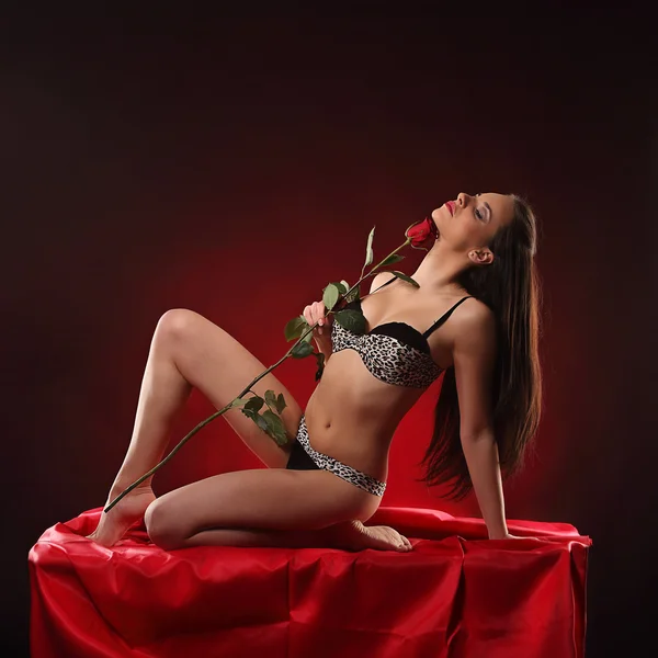 Valentines beautyfull dívka s červenou růží v ruce — Stock fotografie