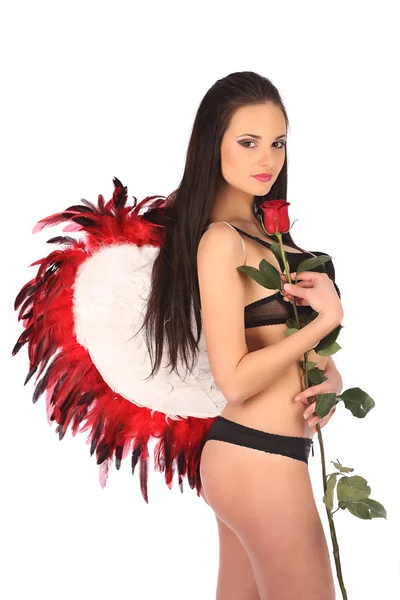 Valentines schoonheid meisje met grote rode en witte vleugels — Stockfoto
