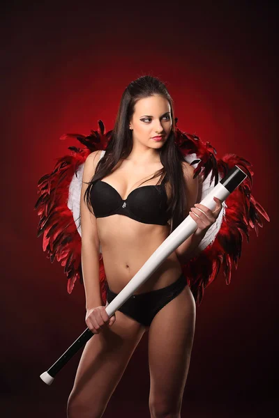 Valentines beauty girl with big red and white wings — Stock Photo, Image