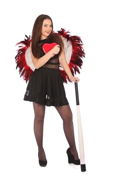 Valentines krásy dívka s velkými červenými a bílými křídly — Stock fotografie