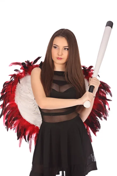 情人节礼物丽质的姑娘用大红色和白色的翅膀 — 图库照片