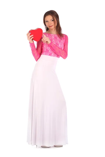 Valentines schoonheid meisje met hart in haar handen — Stockfoto