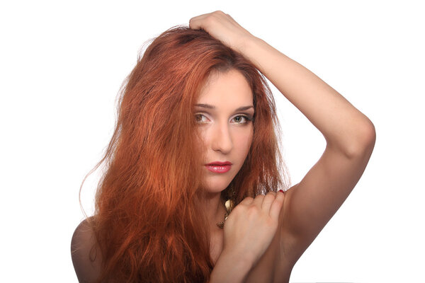 red haired girl with flying hair