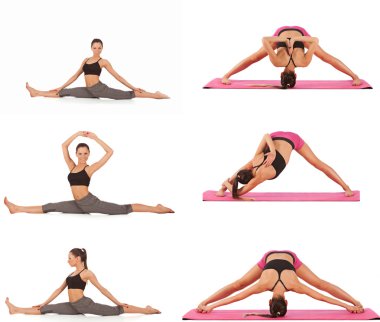 Genç güzel kız beyaz yoga poz kolaj