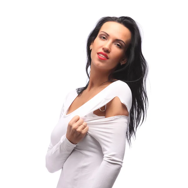 Very Expressive sexy brown girl in a white torn top — Stock Photo, Image