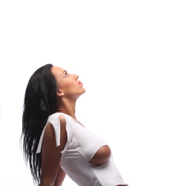 Çok etkileyici seksi kahverengi kız beyaz yırtık top bir