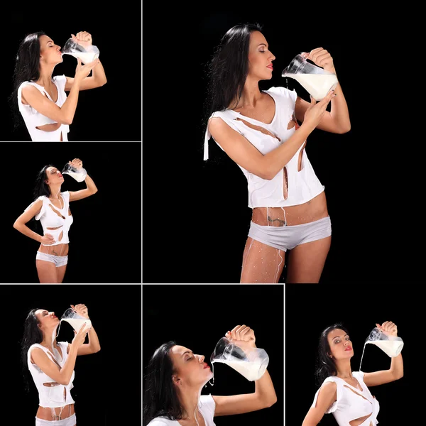 Jonge sexy mooie vrouw met melk, geïsoleerd op zwart — Stockfoto