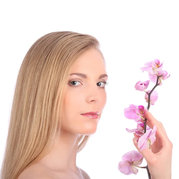 Mooi Spa meisje met Orchid bloemen huidverzorging concept — Stockfoto