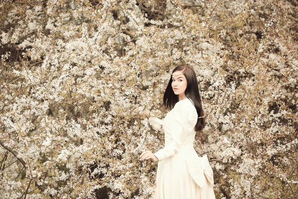 Brud brudklänning i skogen vintage vit träd — Stockfoto