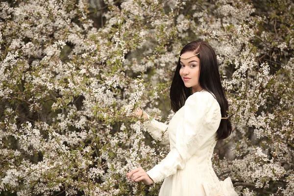 Bruid trouwjurk in bos vintage witte boom — Stockfoto