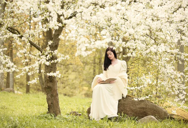 Vestido de noiva na floresta vintage árvore branca — Fotografia de Stock