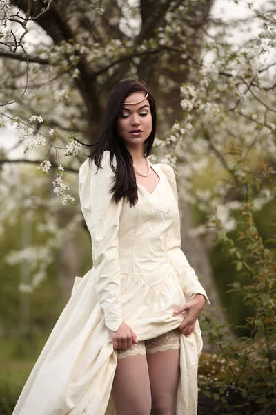 Vestido de noiva na floresta vintage árvore branca — Fotografia de Stock