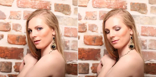 Young beautiful girl posing nude against a brick wall — Stock Photo, Image