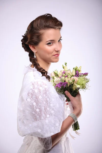 Portrait of young woman with flower retro wedding — Stok fotoğraf