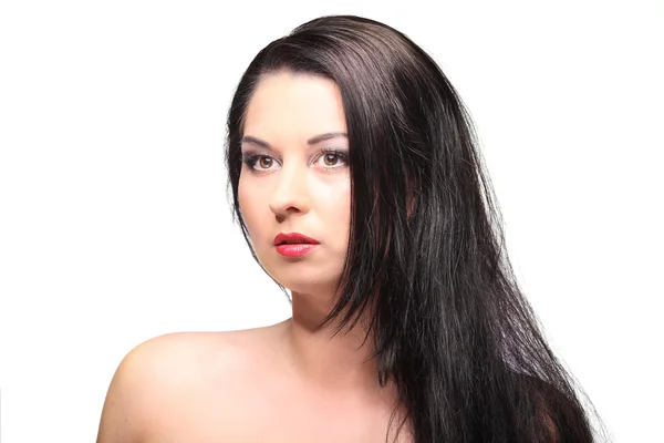 Retrato de beleza com belo cabelo longo marrom brilhante isolado — Fotografia de Stock