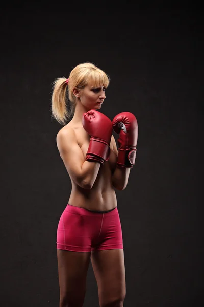 Sexy Brünette posiert oben ohne in Boxhandschuhen — Stockfoto