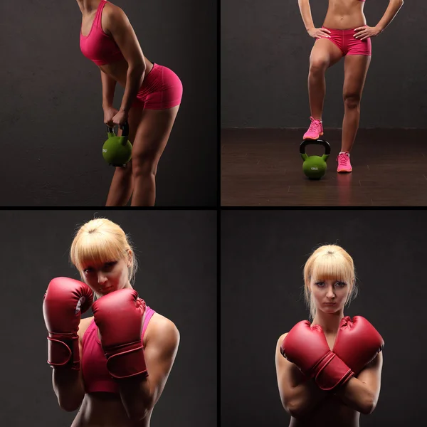 Sporty girl doing exercise with dumbbells in the gym collage — Stock Photo, Image