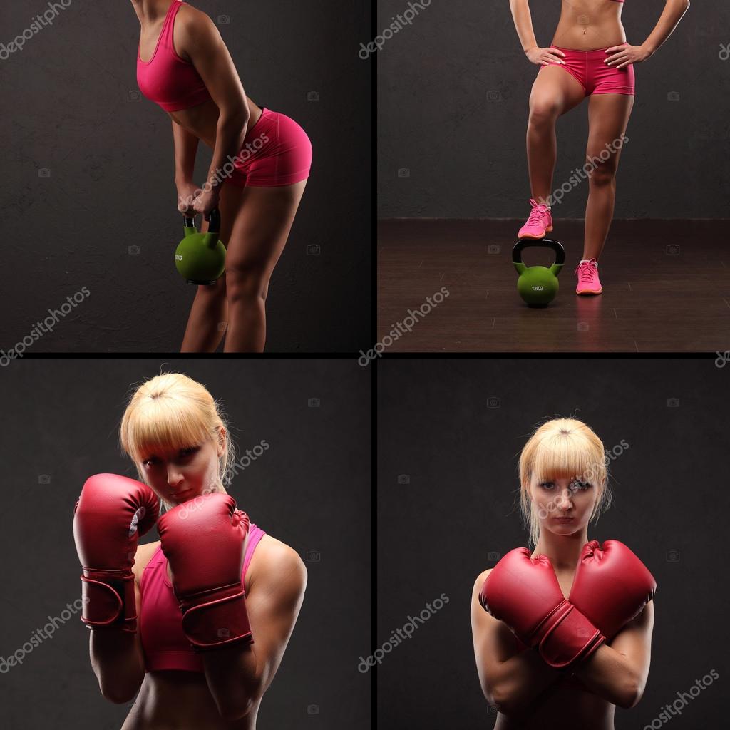 Sporty girl doing exercise with dumbbells in the gym collage Stock Photo by  ©fenixlive 92540474