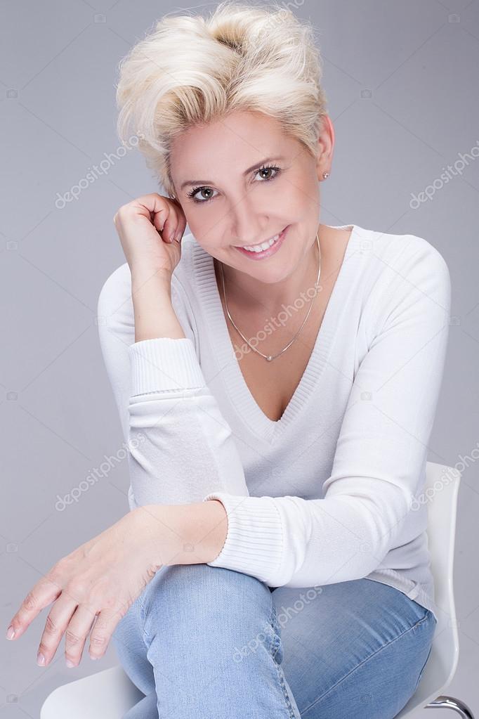 Portrait of blonde woman.