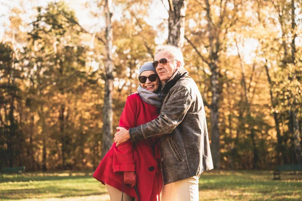 Romantisch Gelukkig Senior Koppel Knuffelen Prachtige Zonnige Herfst Stadspark Relatie — Stockfoto