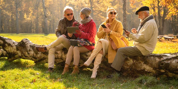 Старшие Люди Используют Мобильные Смартфоны Планшеты Красивом Осеннем Парке Отставные — стоковое фото