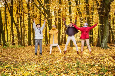 Altın sonbahar parkında yapraklarla oynayan bir grup mutlu kıdemli arkadaş. Yaşlılar eğleniyor, birlikte temiz hava alıyorlar. Emeklilik ve pozitif yaşlı yaşam tarzı konsepti.
