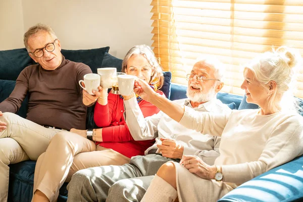 Grupp Äldre Gamla Vänner Firar Med Eller Kaffe Sitter Bekväm — Stockfoto