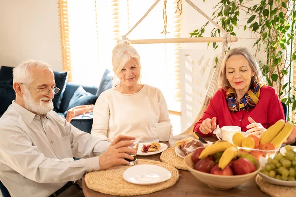 Grupp Seniorer Äter Dessert Ett Möte Hemma Och Pratar Glad — Stockfoto