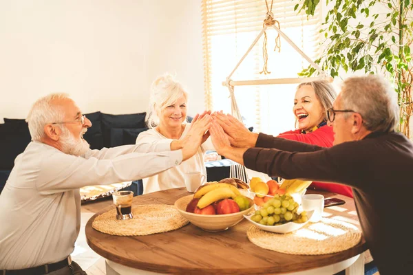 Grupp Seniorer Som Firar Framgång Tillsammans Hemma Glad Pensionering — Stockfoto
