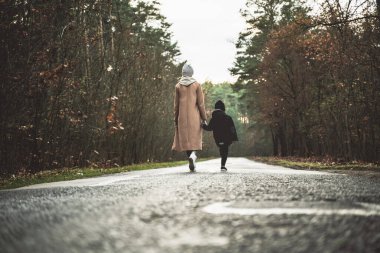 Anne ve oğlunun el ele tutuşup ağaçların arasında yürüdüğü kavramsal bir fotoğraf. Arkadan bak. Sonbahar günü. 
