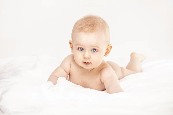 Cute Baby Boy Smiling Camera Lying White Background Little Kid — Stock Photo, Image