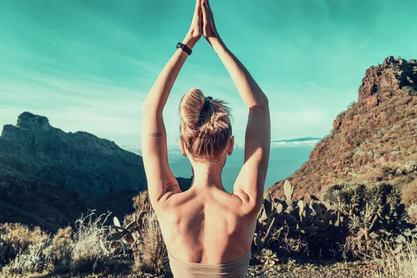年轻女子做瑜伽 普拉提在美丽的高山上进行户外运动 健康的生活方式和冥想的概念 野生景观 背景色 — 图库照片