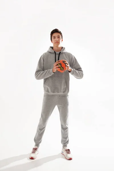 Full Length Photo Young Sporty Boy Holding Handball Looking Camera — Stock Photo, Image
