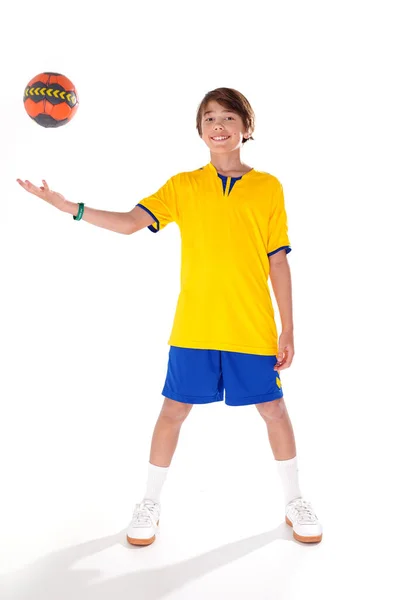 Full Length Photo Young Sporty Boy Holding Handball Smiling Camera — Stock Photo, Image