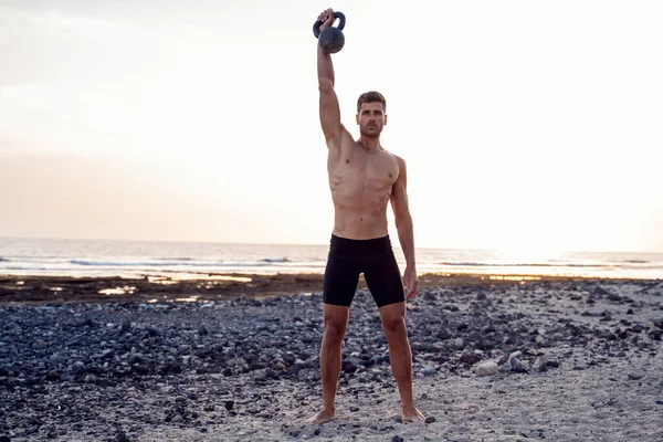 Fitness Handsome Man Exercising Beach Sunset Outdoor Personal Trainer Working — Stock Photo, Image