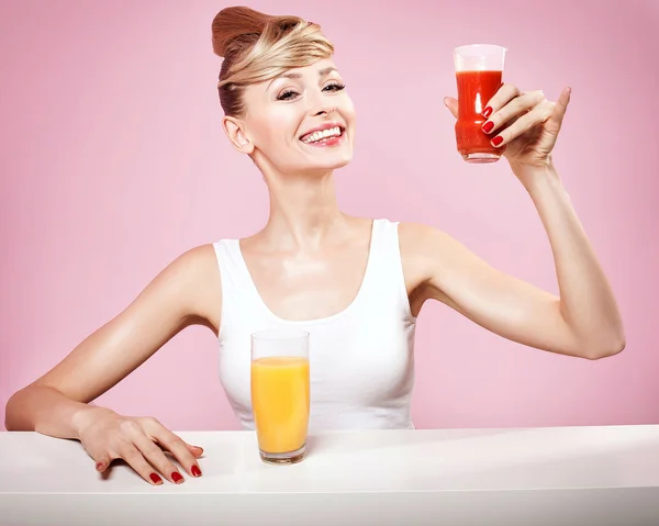 Smiling happy woman with fruits. — Stock Photo, Image