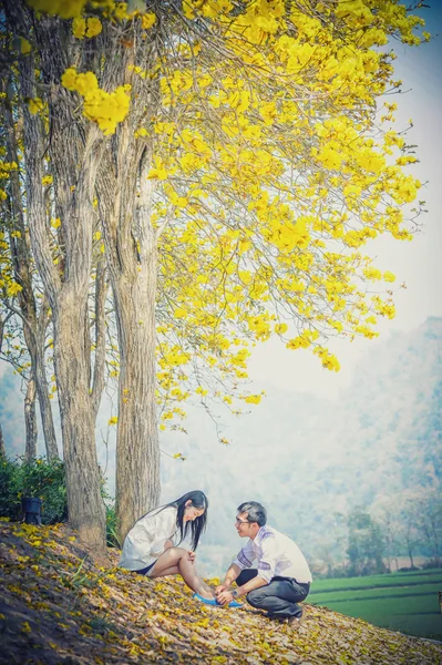 亚洲快乐年轻夫妇坐在黄色的树上 — 图库照片