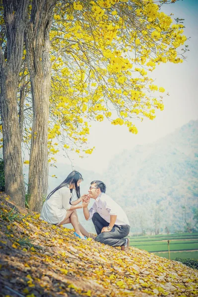 Asiático feliz joven pareja sentado en amarillo árbol —  Fotos de Stock