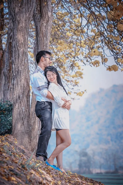Ásia feliz casal de pé sob a árvore — Fotografia de Stock