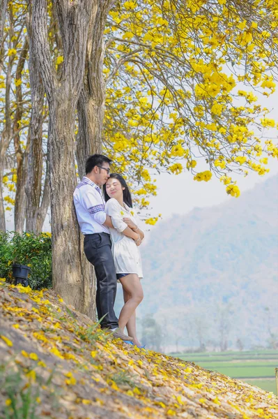 Asia felice coppia in piedi sotto albero — Foto Stock